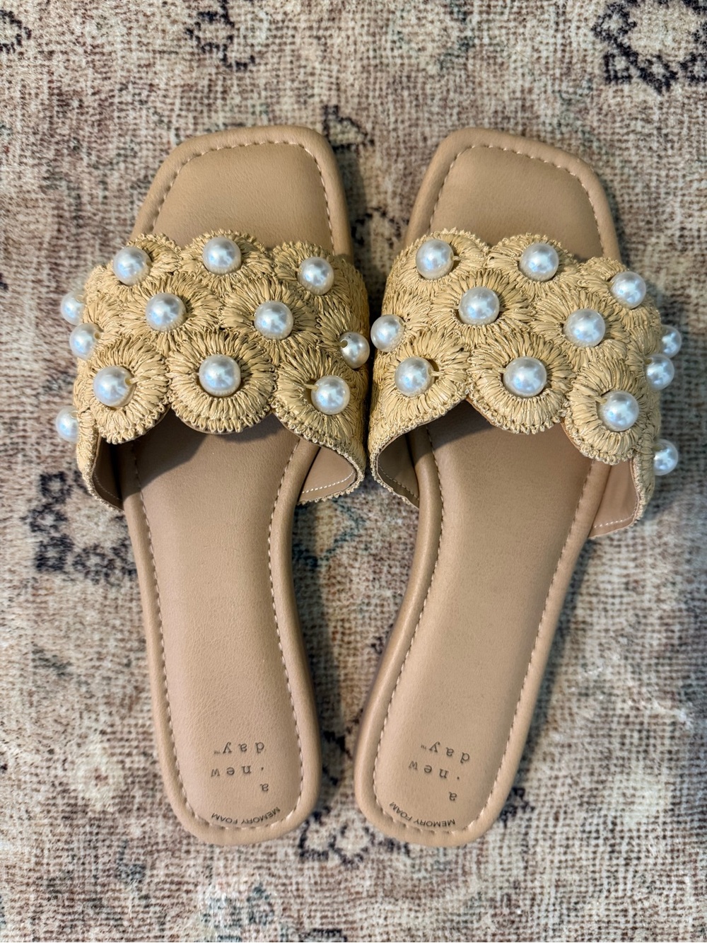 A New Day Tan Pearl-Accent Slide Sandals